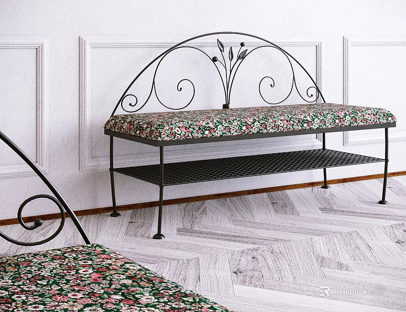 Decorative Iron Frame Bench With Floral Padded Seat And Lower Shelf 3d model 