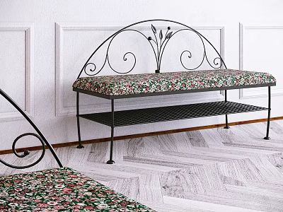 Decorative Iron Frame Bench With Floral Padded Seat And Lower Shelf 3d model