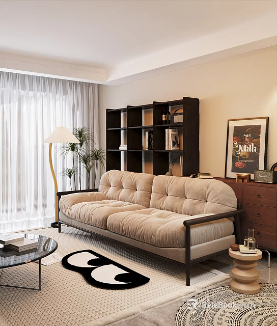 Beige Double Sofa With Soft Cushions In Living Room With Floor Lamp Bookshelf And Curtains 3d model 