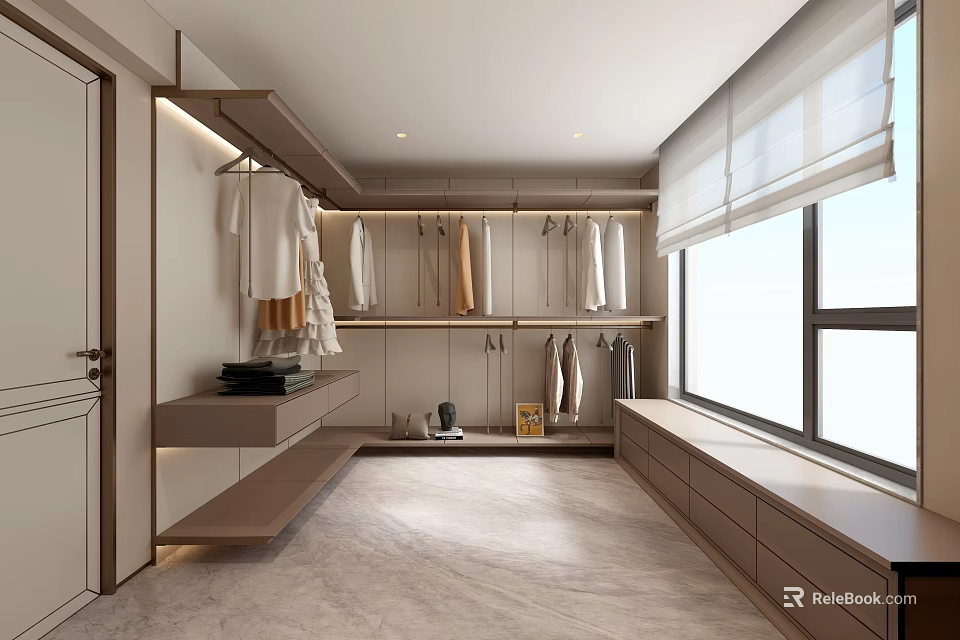 Modern Walk in Closet Interior With Storage And Large Windows 3d model 