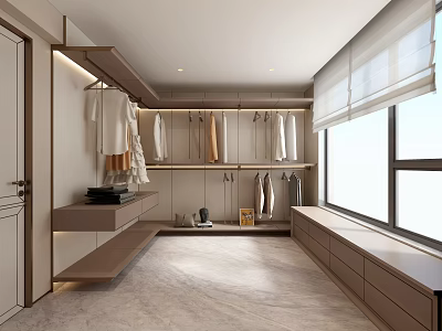 Modern Walk in Closet Interior With Storage And Large Windows 3d model