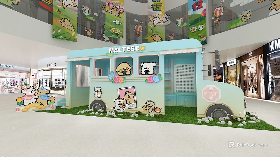 Maltese Themed Bus Shaped Booth With Cartoon Dog Decorations And Grass In Mall 3d model 