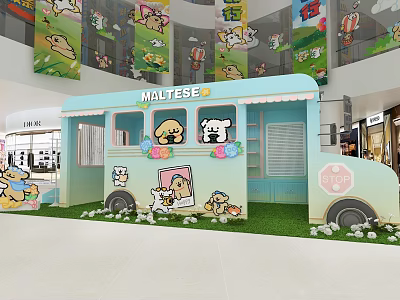 Maltese Themed Bus Shaped Booth With Cartoon Dog Decorations And Grass In Mall 3d model