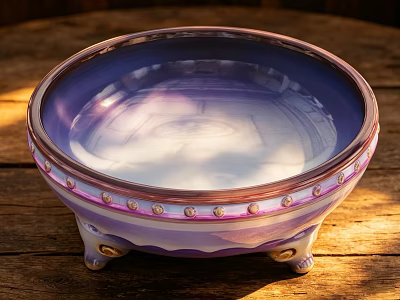 Purple And Pink Ceramic Bowl With Ornate Dot Trim And Decorative Feet On Wood Surface 3d model