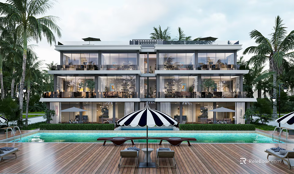 Modern Luxury Beachfront Apartment Building With Pool Terrace And Palm Trees 3d model 