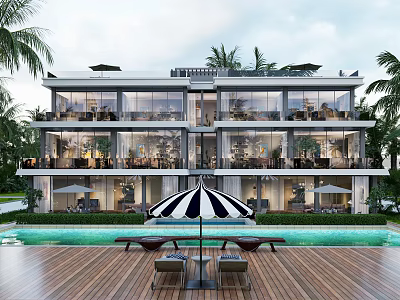 Modern Luxury Beachfront Apartment Building With Pool Terrace And Palm Trees 3d model