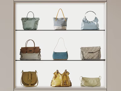 Various Stylish Handbags in Different Colors on Display Shelves 3d model