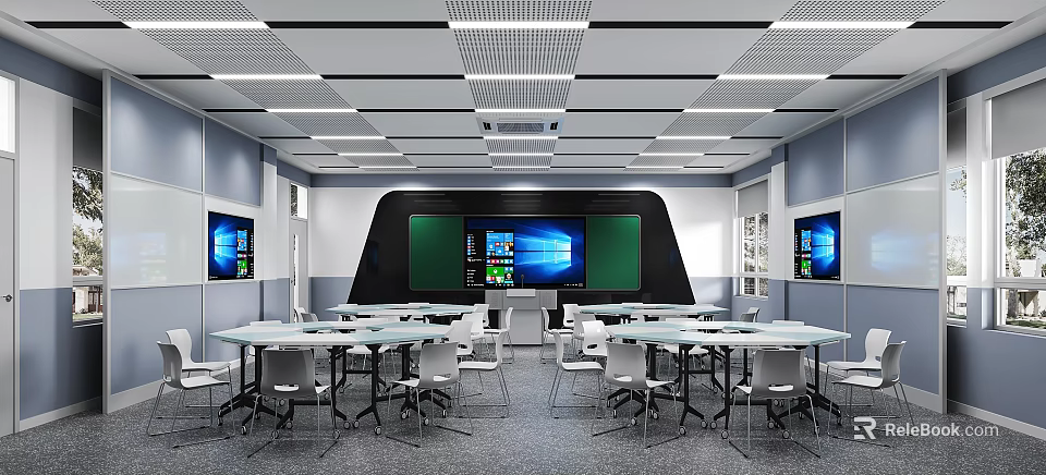 Modern School Classroom With Desks Chairs And Screens 3d model 