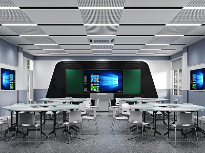 Modern School Classroom With Desks Chairs And Screens 3d model