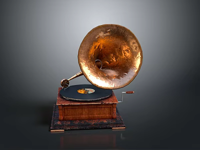 Vintage Phonograph With Brass Horn Wooden Base And Turntable 3d model