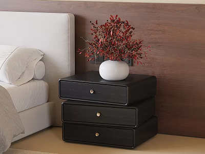 Modern Black Nightstand With Two Drawers White Vase And Red Decorative Flowers 3d model