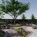 Serene Garden Landscape With Mature Trees Patio Seating Lush Plants And Stone Pathway