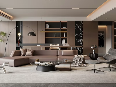 Modern Living Room Interior Featuring Sectional Sofa Glass Coffee Table And Wooden Walls 3d model