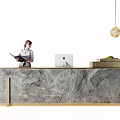 Modern Reception Desk With Marble Surface And Receptionist Holding Files 3d model