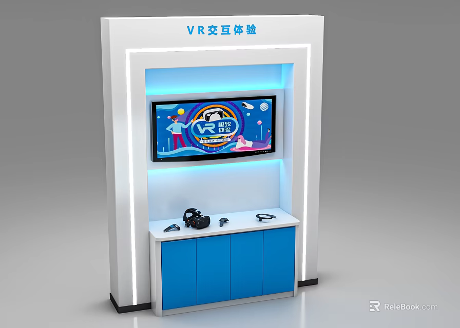 VR Interactive Entertainment Electronics Display Booth With Screen Headphones And Blue Cabinets 3d model 