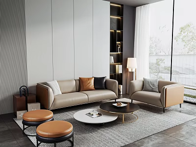Modern Living Room Sofa and Coffee Table Set With Armchair Throw Pillows Grey Rug 3d model