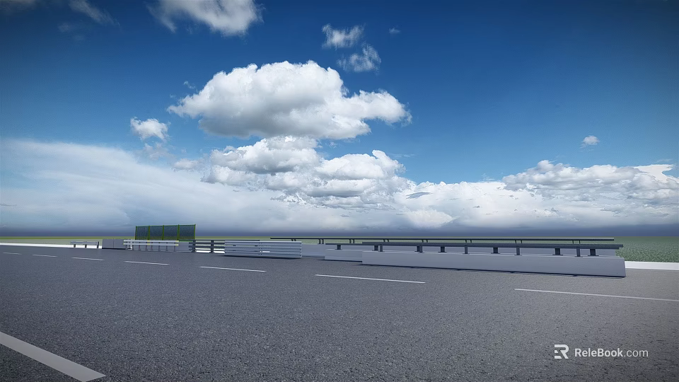 Highway Road Fence With Blue Sky And White Clouds Scenery 3d model 