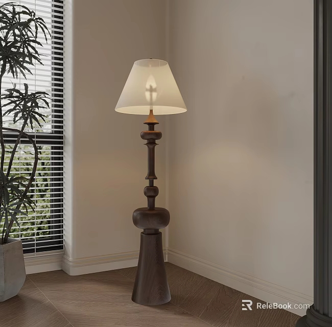 Cozy Interior Corner With Wooden Floor Lamp White Shade And Potted Plant Near Window Blinds 3d model 