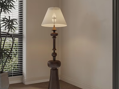 Cozy Interior Corner With Wooden Floor Lamp White Shade And Potted Plant Near Window Blinds 3d model