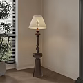 Cozy Interior Corner With Wooden Floor Lamp White Shade And Potted Plant Near Window Blinds