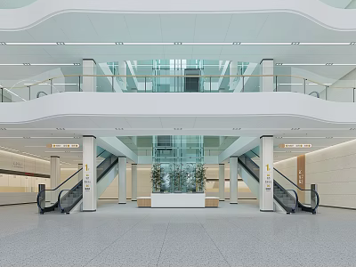 Modern Hospital Outpatient Clinic Lobby With Escalators Glass Railings And Greenery 3d model