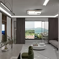 Modern Dining and Living Room Interior With Pendant Lights Green Chairs And Wooden Cabinets
