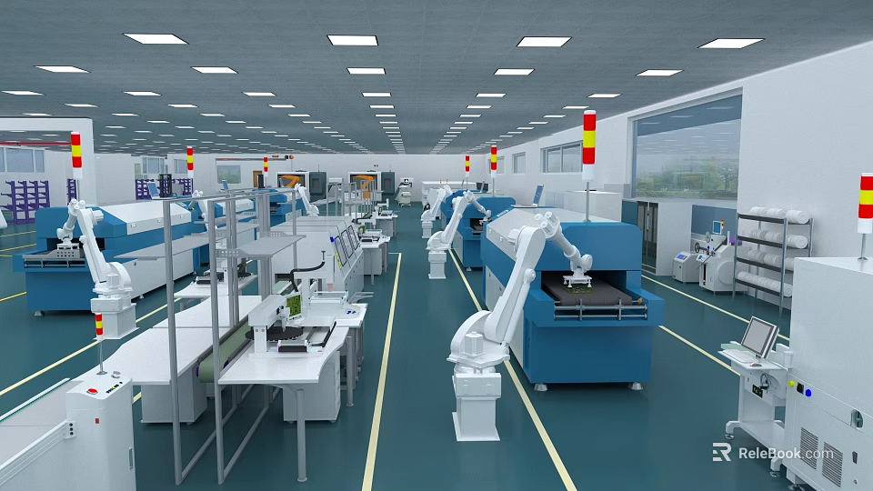 Industrial Factory Interior With Automated Production Line Robotic Arms And Advanced Machinery 3d model 