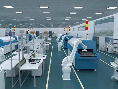 Industrial Factory Interior With Automated Production Line Robotic Arms And Advanced Machinery 3d model