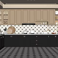 Modern Kitchen Interior With Gray Cabinets Black Countertops And Geometric Floor Tiles
