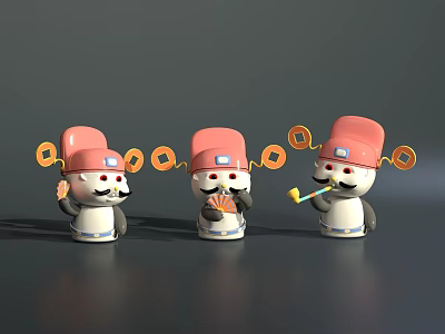 Cute Game Movie Characters With Red Hats Small Mustaches Holding Items And Golden Decorations 3d model