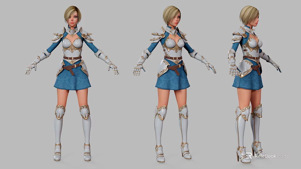 Woman In Blue And White Armor Gold Accents Short Skirt Long Boots Three Angles View 3d model 