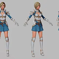 Woman In Blue And White Armor Gold Accents Short Skirt Long Boots Three Angles View 3d model