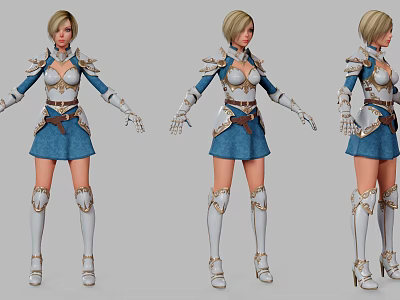 Woman In Blue And White Armor Gold Accents Short Skirt Long Boots Three Angles View 3d model