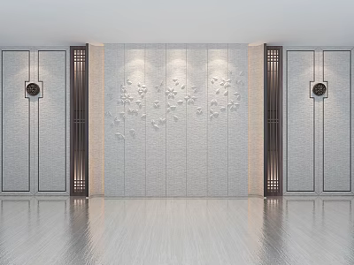 Modern Gray Sofa Backdrop Wall Interior With Relief Pattern Decorative Columns And Wall Lamps 3d model