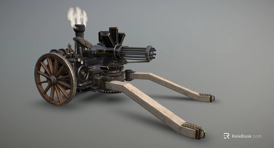 Vintage Multi Barrel Military Weapon Cannon With Wooden Wheels And Smoking Metal Barrels 3d model 