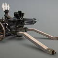 Vintage Multi Barrel Military Weapon Cannon With Wooden Wheels And Smoking Metal Barrels