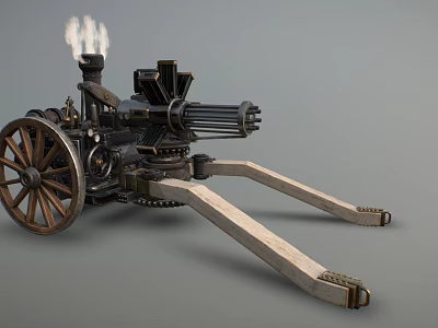 Vintage Multi Barrel Military Weapon Cannon With Wooden Wheels And Smoking Metal Barrels 3d model