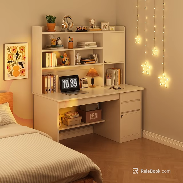 Modern Home Desk with Bookshelf Table Lamp Clock Books and String Lights 3d model 