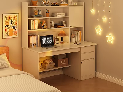 Modern Home Desk with Bookshelf Table Lamp Clock Books and String Lights 3d model