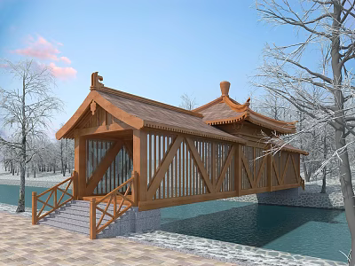 Traditional Chinese Wooden Garden Pavilion Feature Over Water With Trees 3d model