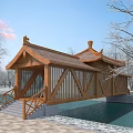 Traditional Chinese Wooden Garden Pavilion Feature Over Water With Trees