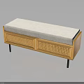 Modern Wooden Bench With Rattan Storage Drawers And Upholstered Padded Seat