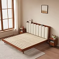 Cozy Bedroom Interior With Wooden Bed Soft Headboard Nightstand Plant And Window Curtains