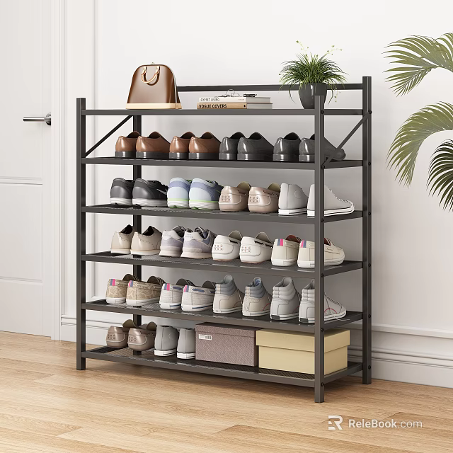 Modern Black Multi Tier Shoe Rack With Various Shoes Storage Boxes Plant Bag And Books 3d model 