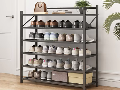 Modern Black Multi Tier Shoe Rack With Various Shoes Storage Boxes Plant Bag And Books 3d model