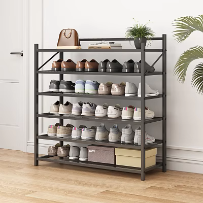 Modern Black Multi Tier Shoe Rack With Various Shoes Storage Boxes Plant Bag And Books 3d model