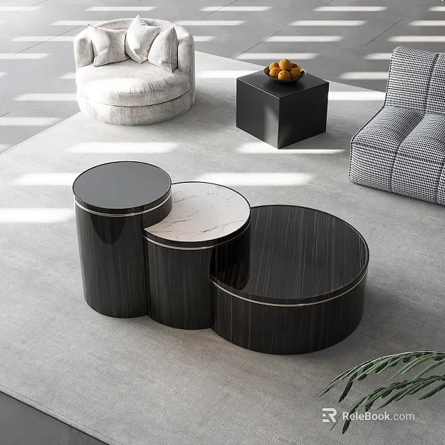 Modern Round Nested Coffee Tables With Dark Wood And Marble Tops In Living Room 3d model 