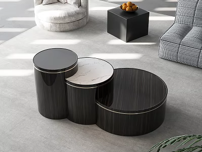 Modern Round Nested Coffee Tables With Dark Wood And Marble Tops In Living Room 3d model