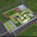 Aerial Campus Planning Design With Green Roofs Sports Field And Surrounding Trees