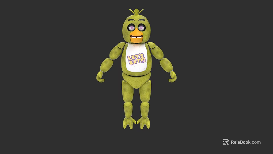 Green Cartoon Bird Like Doll With White Tshirt And Let's Eat Print Big Eyes Smiling 3d model 